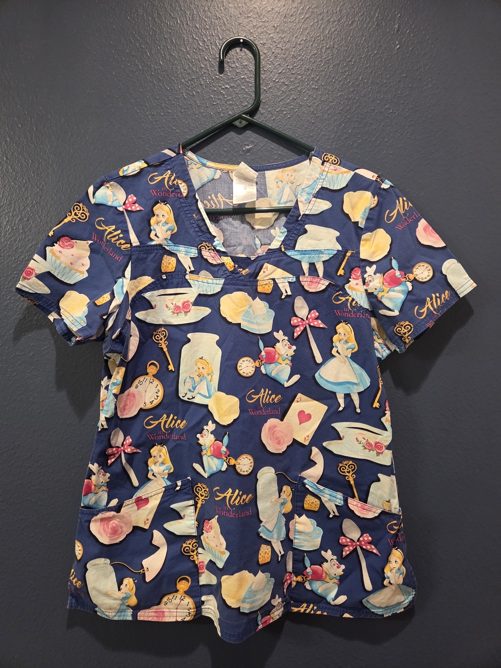 Alice in Wonderland Navy Blue Scrub Top Medium